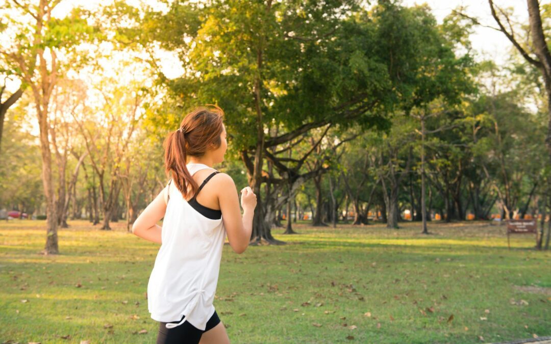 woman about to run during golden hour