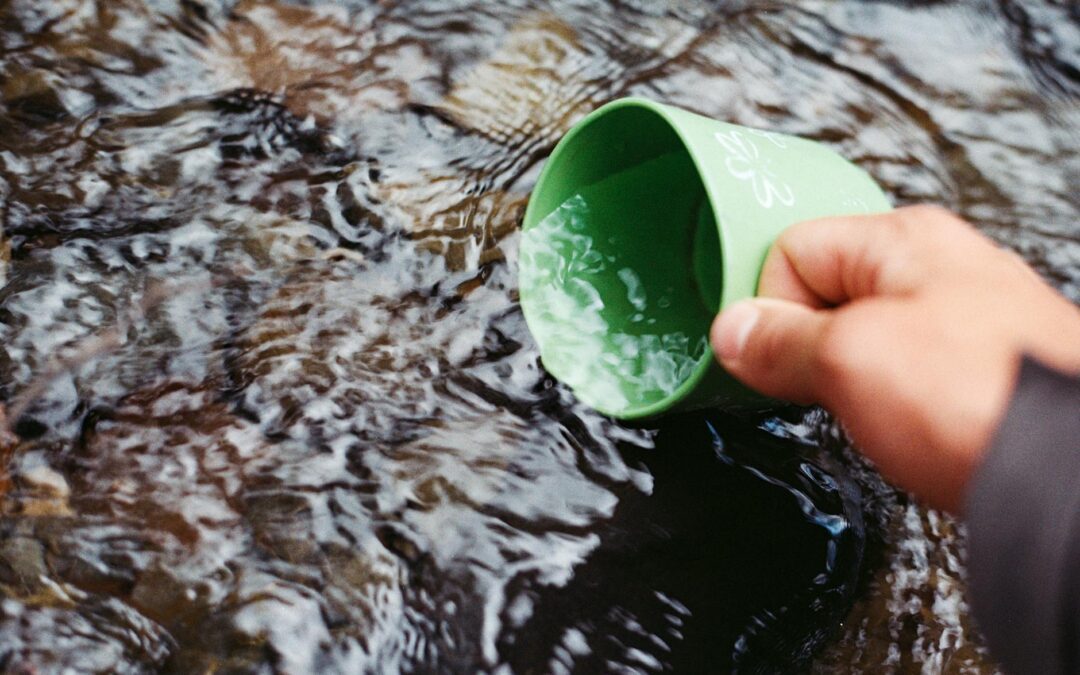 person scooping water using green cup