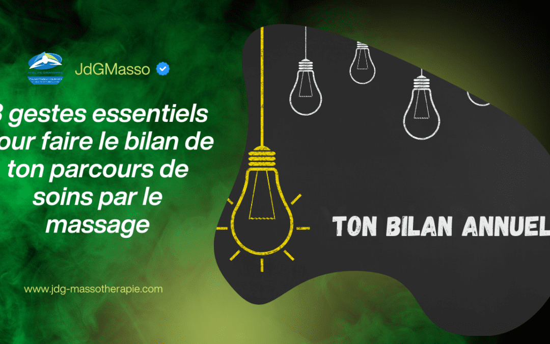Visuel illustrant les 3 gestes essentiels pour faire le bilan de ton parcours de soins par le massage, avec ampoules stylisées et message Ton bilan annuel
