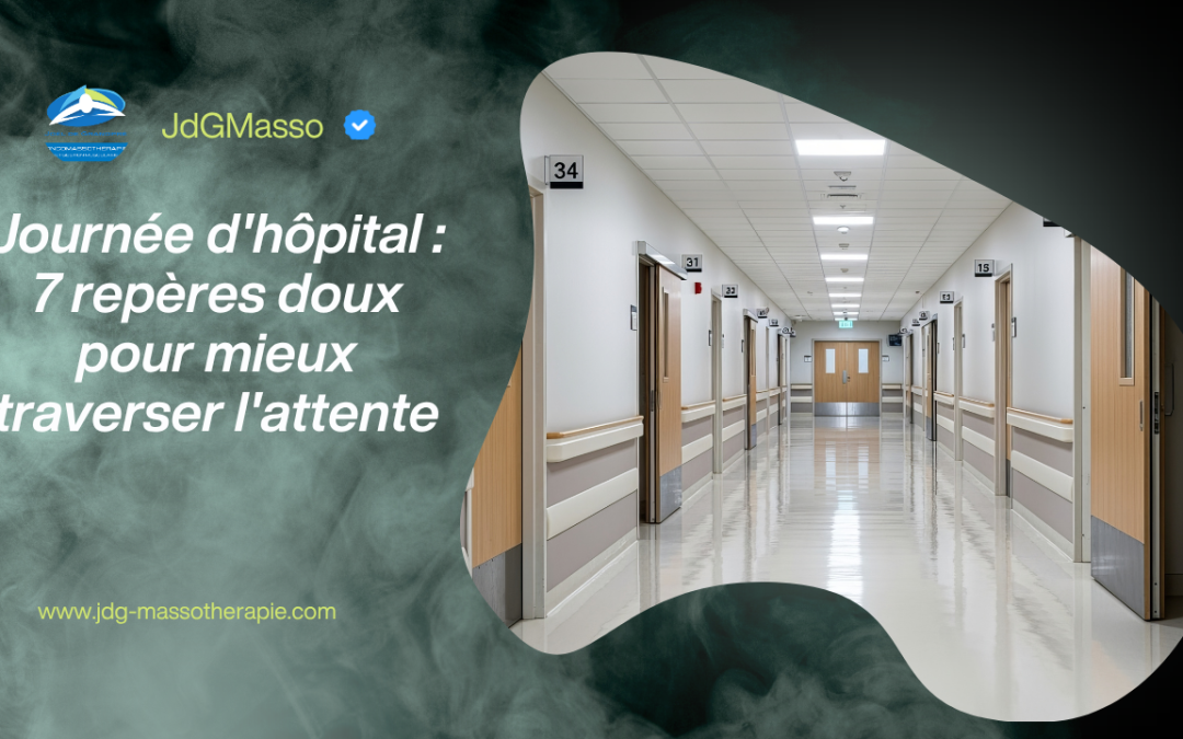 Couloir d'hôpital lumineux avec portes numérotées, illustrant une journée d'hôpital en oncologie et les repères de confort pour mieux traverser l'attente