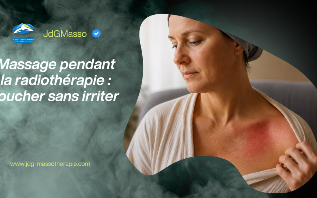 Massage pendant la radiothérapie chez une femme présentant une irritation cutanée au niveau de l'épaule après un traitement de radiothérapie.