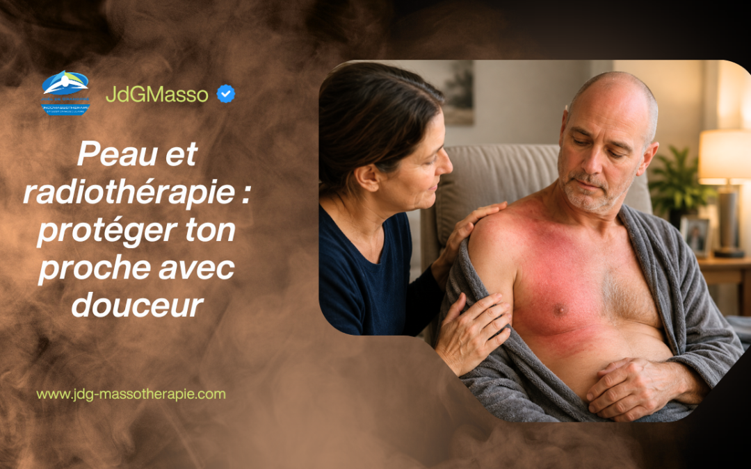 Peau et radiothérapie : proche aidante accompagnant un homme présentant une rougeur cutanée causée par les effets de la radiothérapie au niveau du thorax.
