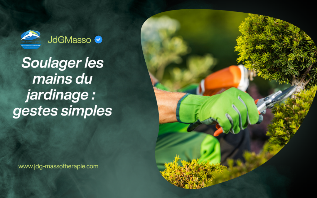 Gros plan sur une main gantée de vert qui utilise un sécateur pour tailler un arbuste conifère