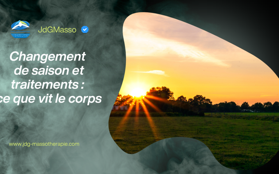 « Changement de saison et traitements : ce que vit le corps » — paysage au coucher du soleil illustrant les changements corporels liés aux saisons et aux traitements contre le cancer.