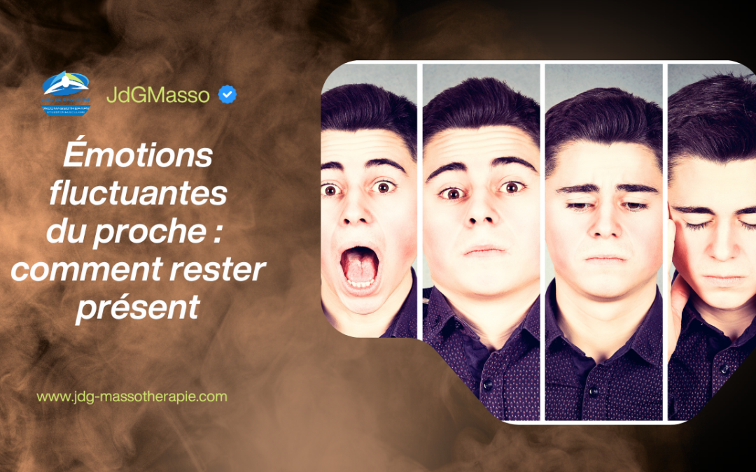 Collage illustrant les émotions fluctuantes d’un proche aidant face au cancer, avec différentes expressions faciales représentant la surprise, l’inquiétude, la tristesse et le besoin de prendre un moment pour soi.
