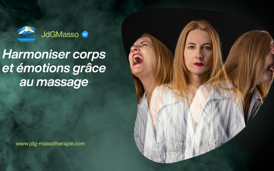 Femme illustrant différentes émotions, de l’expression intense au calme, pour représenter l’harmonisation du corps et des émotions grâce au massage.
