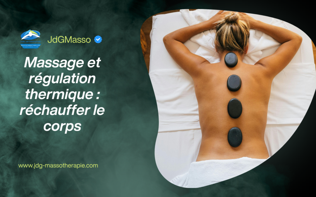 Vue en plongée du dos d'une femme allongée sur une table de massage avec des pierres chaudes noires alignées le long de sa colonne vertébrale, accompagnée sur la gauche d'un fond texturé vert foncé avec le logo JdGMasso