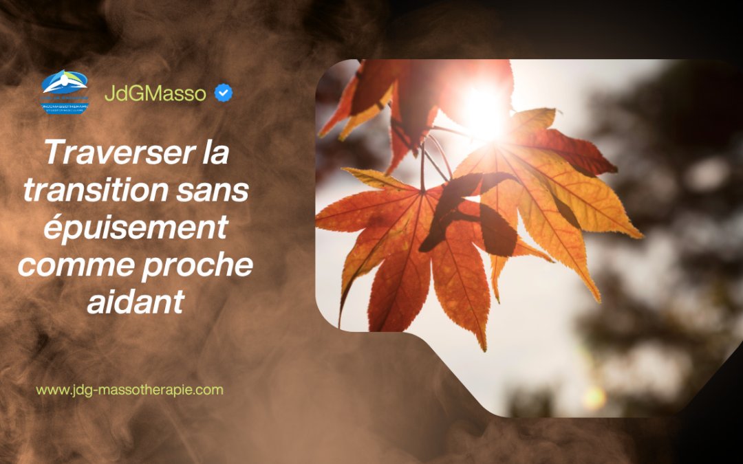 Feuilles d'érable automnales orangées traversées par les rayons du soleil, accompagnées sur la gauche d'un fond texturé brun avec le logo JdGMasso